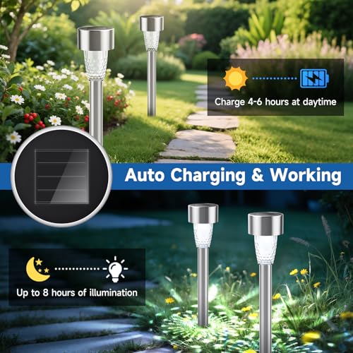 Aigostar Solar Lights Outdoor Garden, 12 Pack Outdoor Lights Solar Powered Stake Lights, Waterproof Solar Pathway Lights, Stainless Steel LED Garden Light Landscape Path Lighting for Walkway Lawn - Image 2