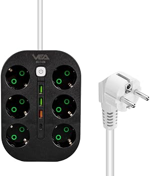 6-Switch Black Socket, 1.5 Meter Cable, 3 x USB, 1 x Type-C PD Input, Group Socket, 10ah Switch Socket, 2500W Power, USB, Phone Charger, Switched, Grounded,