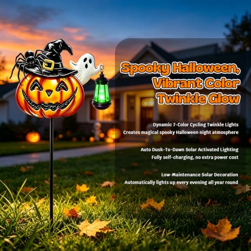 Image of VOOKRY Halloween Pumpkin Lantern Outdoor,Iron Pumpkin with Witch Hat&Spider