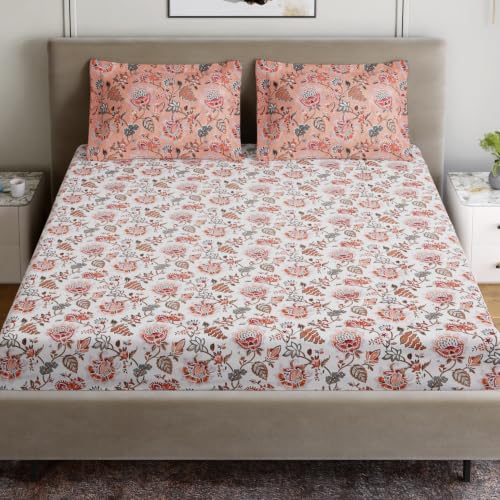 Image of Home Ecstasy 100% Cotton Jaipuri Bedsheet for King Bed, 140TC, 1 Bedsheet (Size 90 x 108 inches) with 2 Pillow Covers, White