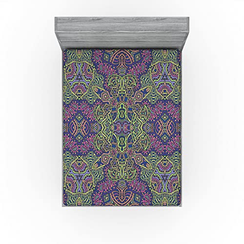 Ambesonne Psychedelic Fitted Sheet, Fractal Pattern 90'S Style Tribal Themed Modern Mandala Bohemian Hippie Print, Soft Decorative Fabric Bedding All-Round Elastic Pocket, Queen Size, Green Purple #TOP2