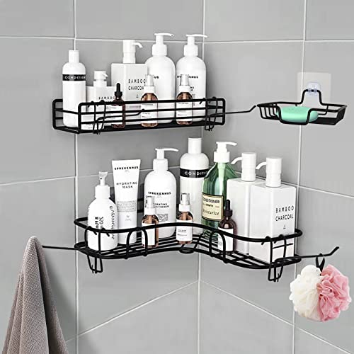Yuearn Corner Shower Caddy, Adhesive Shower Caddy With Soap Holder And 4 Hooks, 3-Pack Rustproof Stainless Steel Bathroom Shower Organizer, No Drilling Wall Mounted Shower Caddies Corner Rack, Black #TOP20