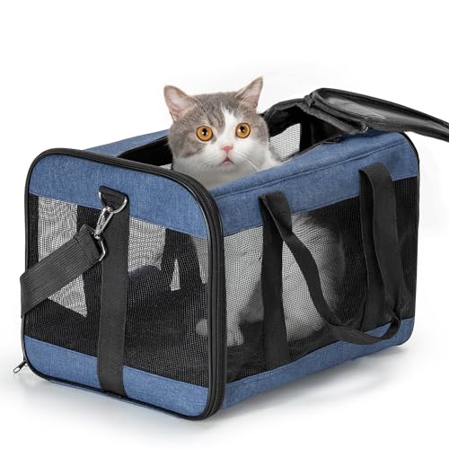 Conlun Transportín para Gatos Aprobado, Transportín de Perro Suave con Correa Interior, para Gatos y Cachorros hasta 7 kg, Bolsa de Viaje Plegable -Azul,M
