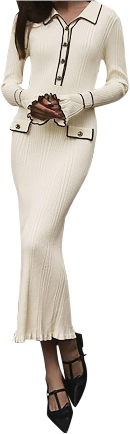 Women's V Neck Ribbed Knit Maxi Dress Button Long Sleeve Ruffle Hem Slim Fit Bodycon Sweater Dress