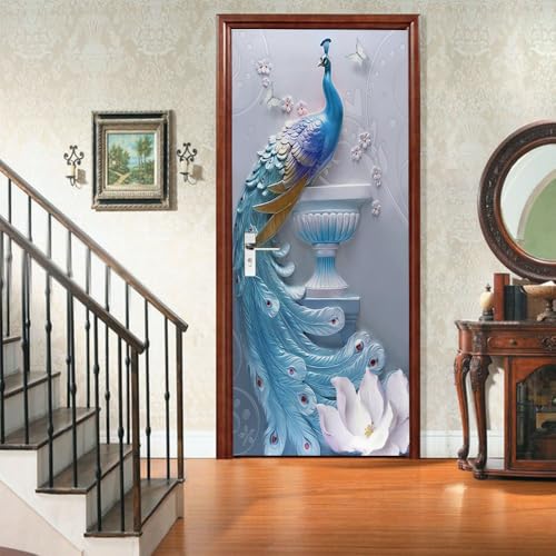 Vinilo Decorativo 3D Pavo Real En Relieve 3d Papel Pintado Mural Autoadhesivo Impermeable Azul Puerta Pegatina para Baño, Cocina, Sala y Dormitorio Pegatina de Puerta 86x200 cm