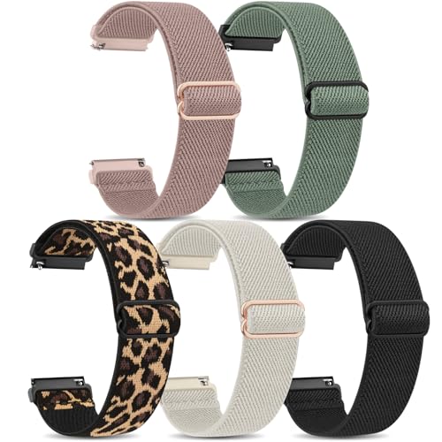 Vancle 5 Stück Uhrenarmband 20mm Damen Herren, Neues Elastische Nylon Smartwatch Armband 20mm Atmungsaktives Ersatzarmbänder Zubehör für Frauen Männer (Schwarz+Polarstern+Rosa+Olivgrün+Leopard)