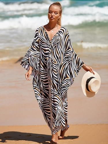 Image of IMAGEKOPE Women's Plus Size Animal Print V-Neck Batwing Kaftan Beach Dress Bathing Suit Cover-Up Loungewear