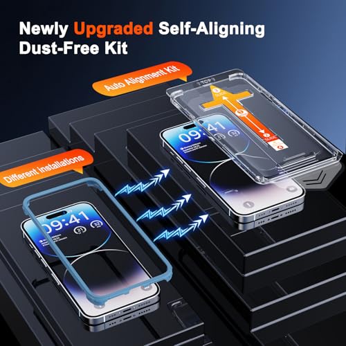 SIBEITU 2-Pack for iPhone 14 Pro Screen Protector, [Auto Alignment Kit] 6.1 Inch HD Clear Tempered Glass Film, Case Friendly Anti Scratch, 9H Hardness Auto Dust Removal Installation Protector