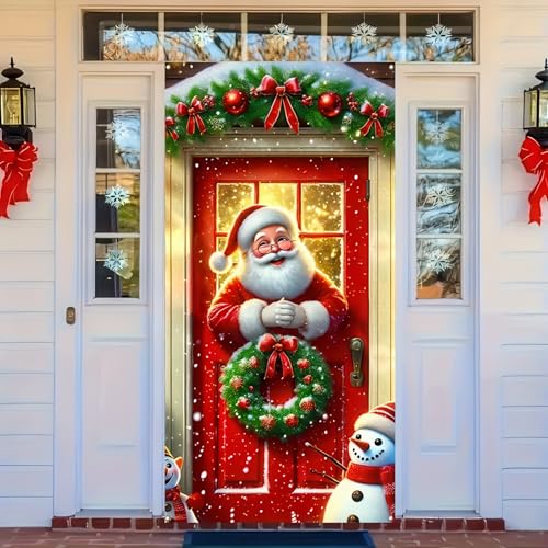 Image of BlissYard Christmas Door Cover Santa Pine Greenery 35x71 Inch Polyester