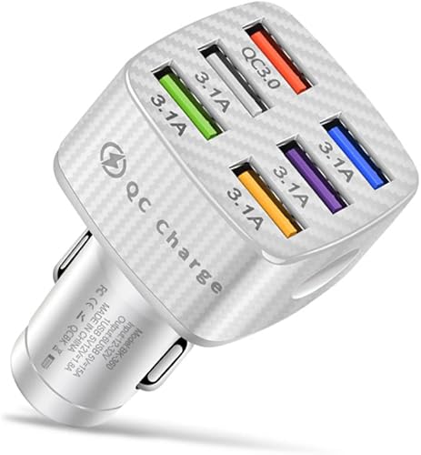 Adaptador de cargador de teléfono de automóvil de 6 puertos de carga rápida, tipo QC3.03.1A, cargador USB inteligente compatible con iPhone 14, 13,