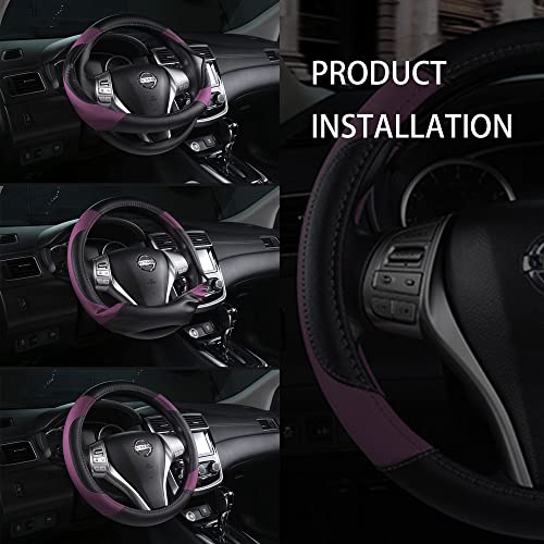 Image of Leather Car Steering Wheel Cover, Non-Slip Car Wheel Cover Protector Breathable Microfiber Leather Universal Fit for Most Cars (Purple-2)