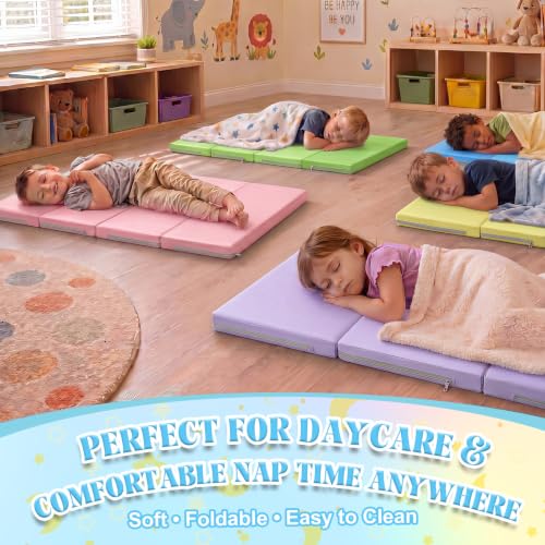 Image of Wesiti 5 Pcs Nap Mats for Preschool 47 x 24 1.37 inch Thick Folding Rest Mat 4 Section, Sleeping Pad for Kids Children Daycare Nap School Classroom Kindergarten Daycare Travel Home, Macaron Color