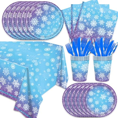 141Pcs Frozen Girls Birthday Party Supplies Frozen Plates, Cups, Napkins, Forks ,Knives,Straws,Girls Baby Shower Winter Snowflake Party Supplies Christmas Party Supplies
