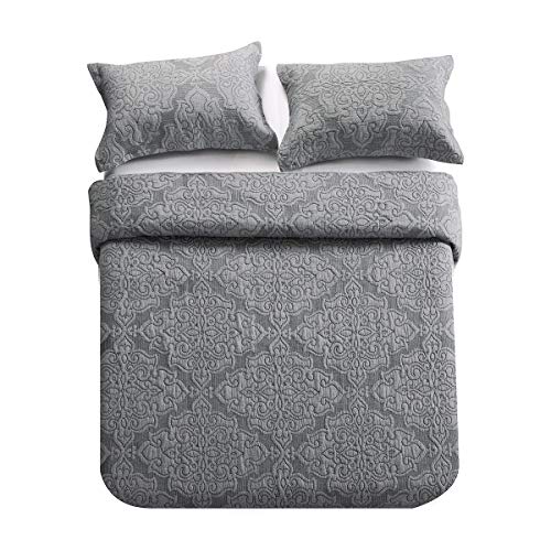 Travan 3-Piece King Quilt Set Quilted Bedspread Oversized Microfiber Lightweight Bedspread Coverlet Set With Shams Bedding Set For All Season, Grey, King #TOP1
