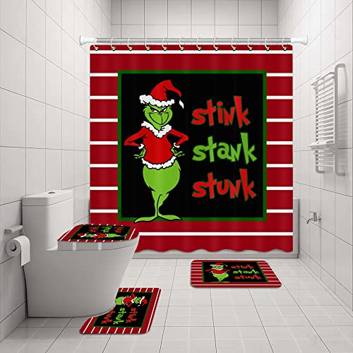 Wrujoju 4 Pcs Christmas Shower Curtain Set With Non-Slip Rug, Toilet Lid Cover And Bath Mat,Xmas Shower Curtains With 12 Hooks, Christmas Shower Curtain Sets For Bathroom #TOP7