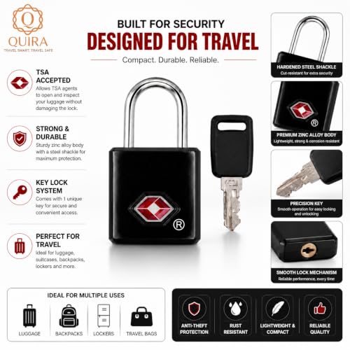Image of QUIRA TSA Approved Travel Padlock with Key, Luggage Lock for Suitcase, Backpack, Locker & Travel Bags, Heavy Duty Security Lock (Black)