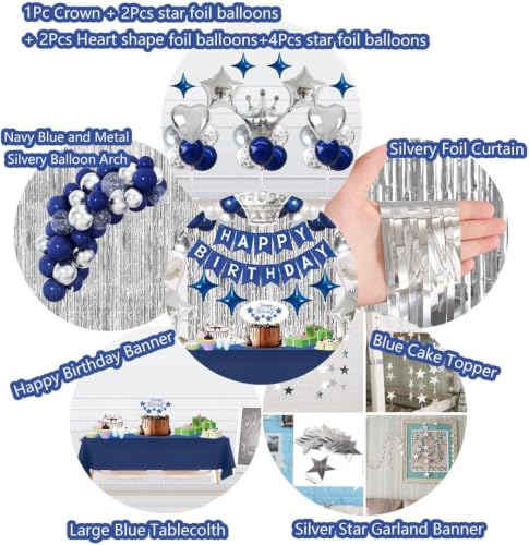 Navy Blue Birthday Party Decorations Set – 92Pcs Set with Banner, Star Garland, Crown, Heart & Star Foil Balloons, Fringe Curtain, Cake Topper, Tablecloth, Latex & Confetti Balloons for Men & Women - image 9