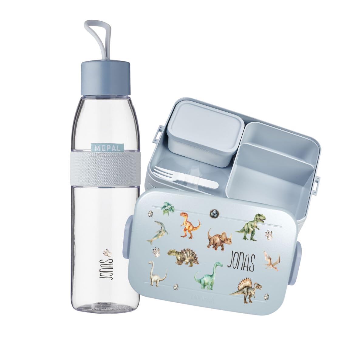 Juego de fiambrera Mepal azul claro grande y botella de 700 ml con estampado de dinosaurios