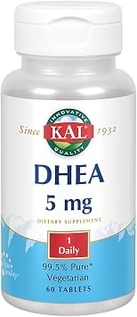 KAL DHEA 5 mg Tablets - DHEA 5mg Supplement for Women & Men, 99.5% Pure, Natural Daily Support, Vegetarian - 60 Tablets