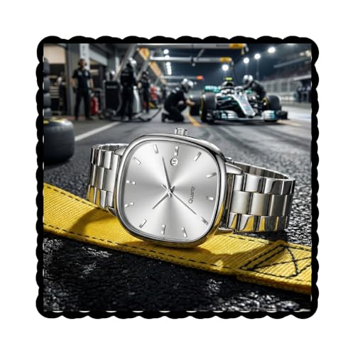 Image of PAPIO Analog Quartz Watch with Date Display | Silver Stainless Steel Strap | Square Dial Formal & Casual Wrist Watch for Men