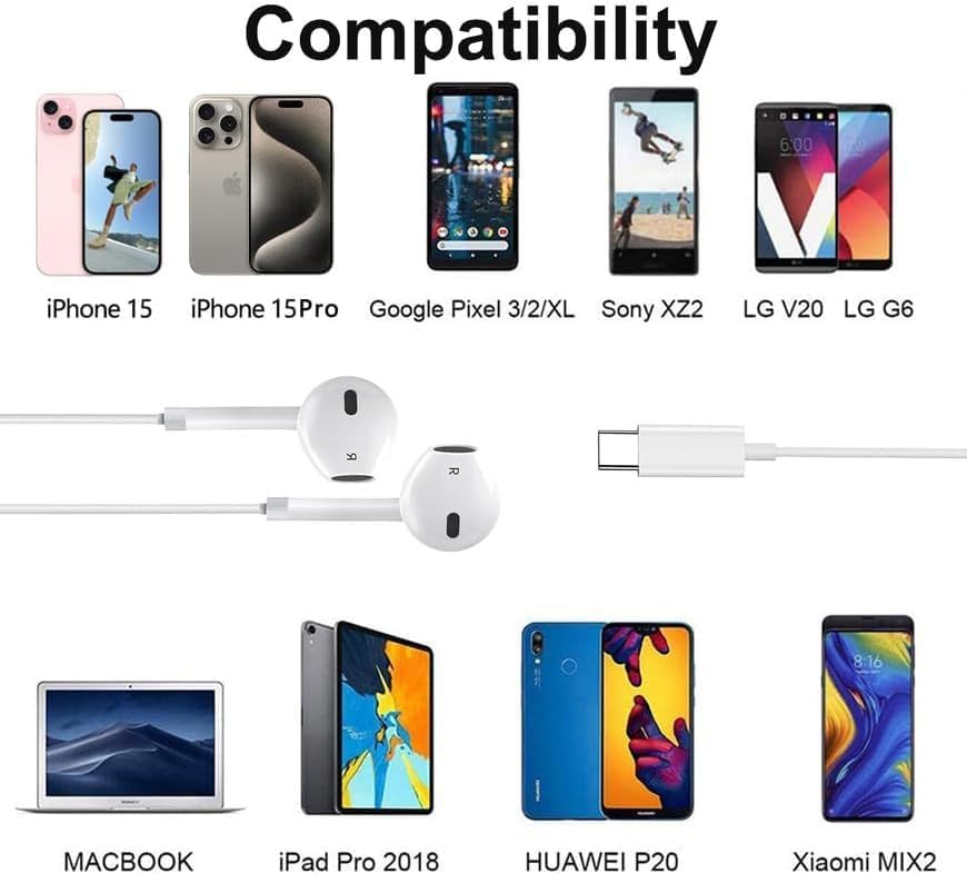 Image of cShot Type C Earphones for iPhone 15 /16 Series, Wired Earbuds with Mic, Hi-Fi Stereo Sound, Deep Bass, in-Line Controls, Type C Connector, Noise Isolation, Tangle Free Cable - White