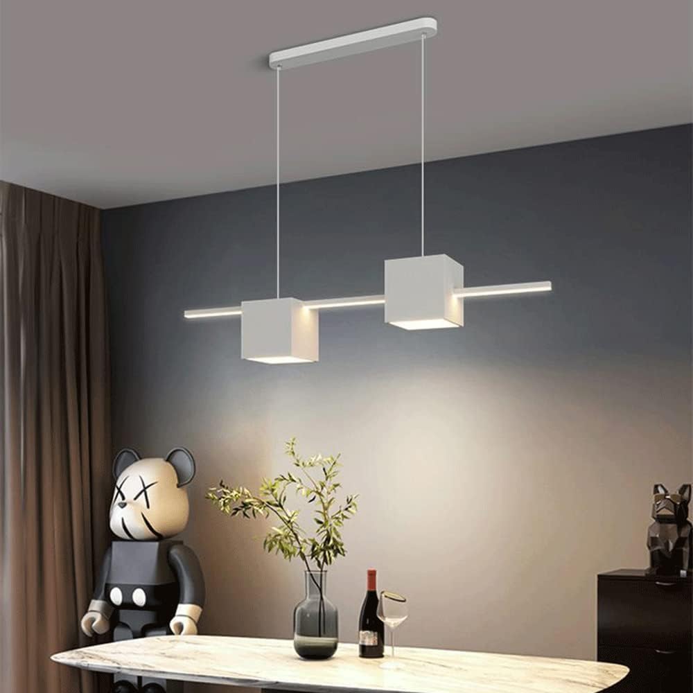 Modern LED Long Pendant Light with Square Decorative, White Metal Hanging Lamps for Dining Room, Creative Kitchen Island Linear Chandeliers, Simple Living Room Atmosphere Lamps