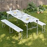 BETISEF Picnic Table Set with 2 Benches,6 Feet Folding Camping Table Chair Set with Wood Grain Tabletop,3-Piece Outdoor Indoor Portable Folding Furniture for Party, Camping, Picnic, Weddings (White)
