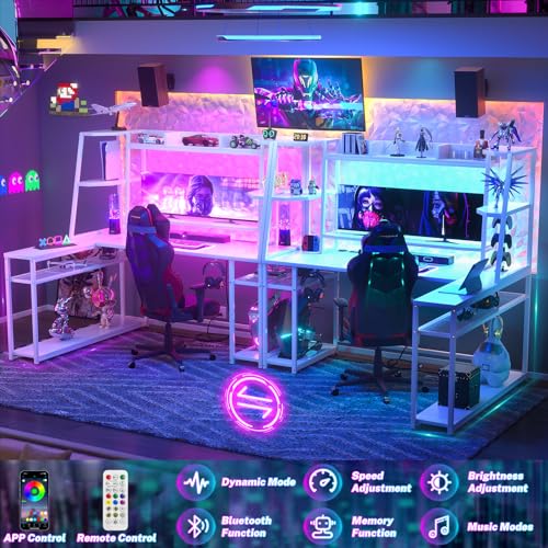 Armocity 63'' L Shaped Gaming Desk with Hutch, Corner Game Desk with Outlets, PC Gamer Desk LED Lights, Gaming Computer Desks with Shelves, White
