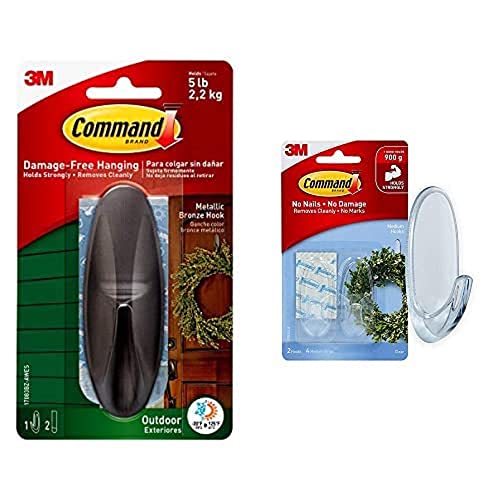 Command Large Designer Metallic Bronze Hook with Adhesive Strips & 17091CLR Medium Hook, Pack of 2 Hooks and 4 Adhesive Strips, Transparent - Damage Free Hanging - Holds up to 900 gm, Clear