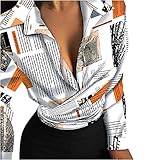 LongayS Sexy Tops for Women Fashion Floral Printed V Neck T-Shirts Casual Loose Fit Turn Down Collar Long Sleeve Buttons Blouse Orange, X-Large