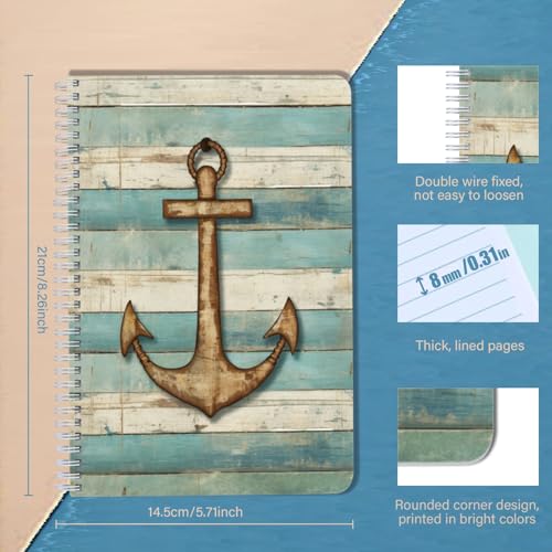 Carnet à spirale ligné au design grain de bois et ancre rustique de qualité - 2