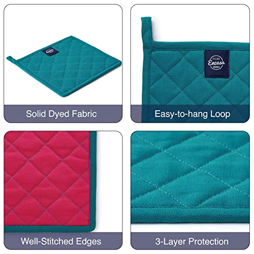 Image of Encasa XO Heat Resistant Cotton Pot Holders with Hanging Loop - Set of 2 - Azul Blue - Multipurpose Quilted Everyday Hot Pad for Kitchen, Camping, BBQ & Microwave - 21 cm
