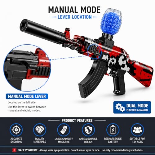 Image of Electric Gel Blaster Gun for Kids & Teens, 7-8mm Crystal Water Beads Shooter, Automatic & Manual Modes, Rechargeable Battery, Long Range Toy Gun (AK 47 Set)