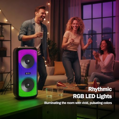 Image of pTron Fusion Beats 48W Bluetooth Party Speaker w /Immersive Sound, Dual 4 inch Neo Drivers, Rhythmic RGB Lights, 6Hrs Playtime, BT5.3 /Aux /TF Card /USB Playback Modes, Type-C Charging (Midnight Black)