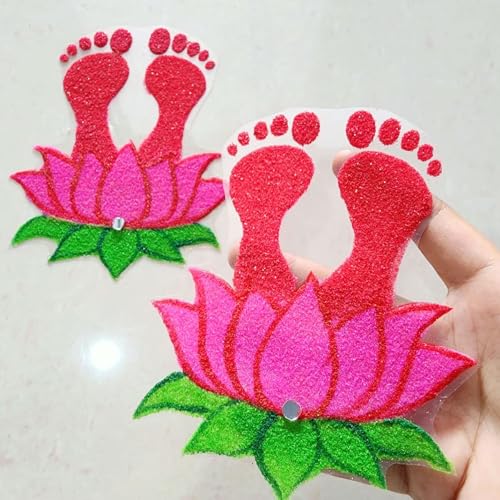 Laxmi Charan Kamal Rangoli Patch | Handmade Reusable Lakshmi Paduka with Lotus & Swastik for Diwali, Lakshmi Puja, Dhanteras, Griha Pravesh & Festival Home Decoration (Pack of 2)