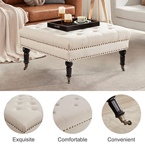 Kingfun Large Square Tufted Ottoman Coffee Table with Tray & Casters