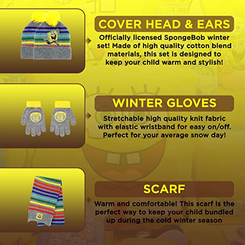 Spongebob Squarepants Winter Hat, Scarf, And Snow Gloves For Kids, 3 Pc. Set, Warm And Cute Pom-Pom Beanie Boys Girl Toddler #TOP1