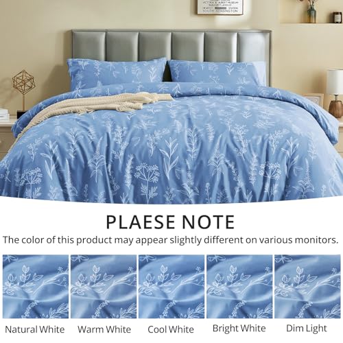 MUXHOMO Duvet Cover Queen Size, Reversible Floral Ice Blue Duvet Cover Set with Zipper Closure, 3 Pieces Botanical Patterns Soft Microfiber Bedding Set with 4 Ties (90"x90", 2 Pillow Cases)
