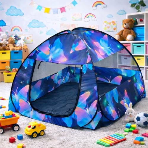 Image of Foldable Play Tent House Big Size for Girl Boys with Butterfly Theme Pop-Up Indoor & Outdoor Playhouse for Girls Boys Multi Purpose Tent with Fun Patterns Easy Setup & Portable (Butterfly-Blue)