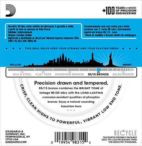Encordoamento Para Violão Aço .011-.052 Com Corda Extra PL011 D'Addario Bronze 85/15 EZ910-B