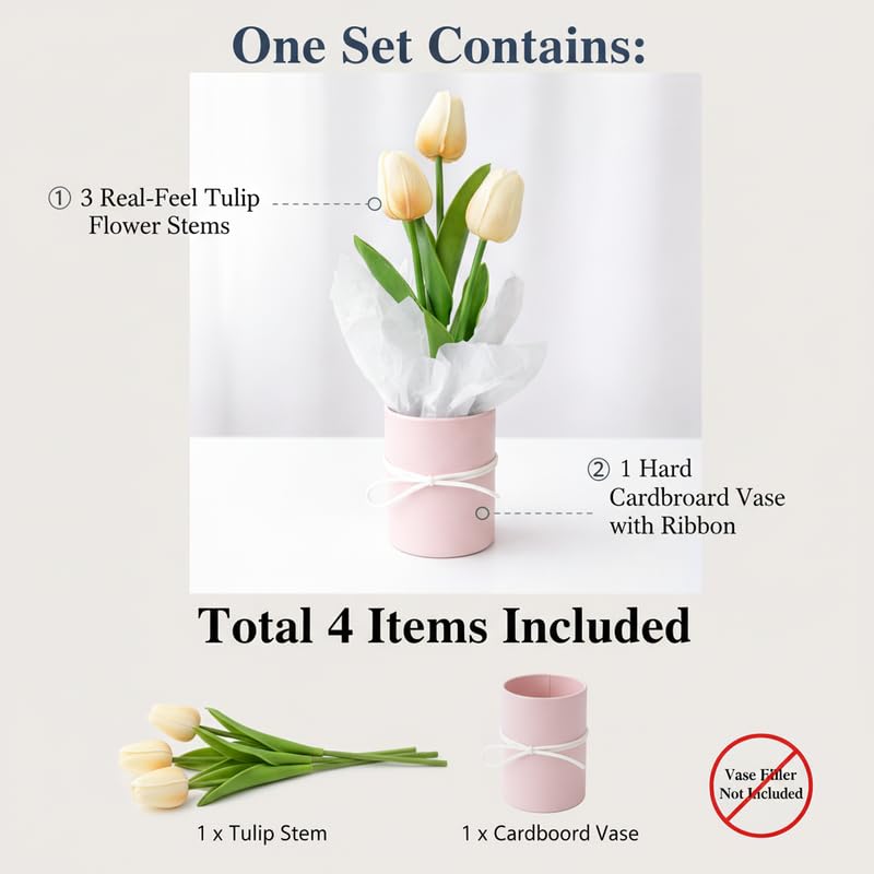 Image of Artificial Tulip Flowers with Vase for Home Decor | Real Look Pink Tulip Bouquet | Table Centerpiece, Living Room, Office Desk Decoration | Gift for Birthday, Anniversary, Housewarming