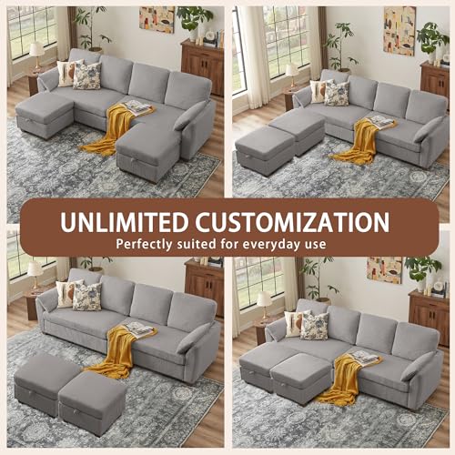 Image of Sectional Sofa with Dual Storage Ottomans, 4 Seat U Shaped Couches for Living Room: Soft Corduroy | Double Movable Chaise Ottoman | Modern Reversible Convertible Couch Set, Light Grey