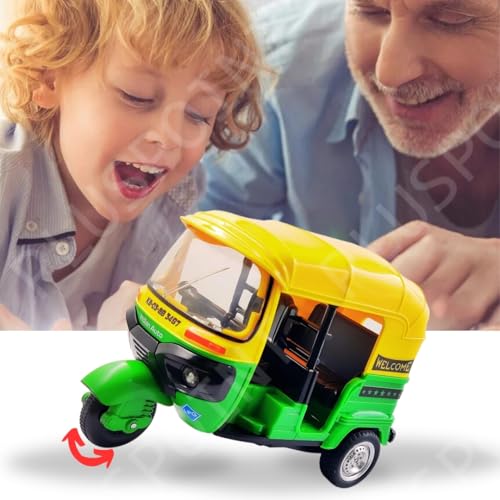 Image of PLUSPOINT Auto Rickshaw Toy,with Pull Back Action City Traffic Vehicles Public Transport Toy with Light and Sound for Aged 3 4 5 6 Boys and Girls,Kids Party Favors Gifts (Green)