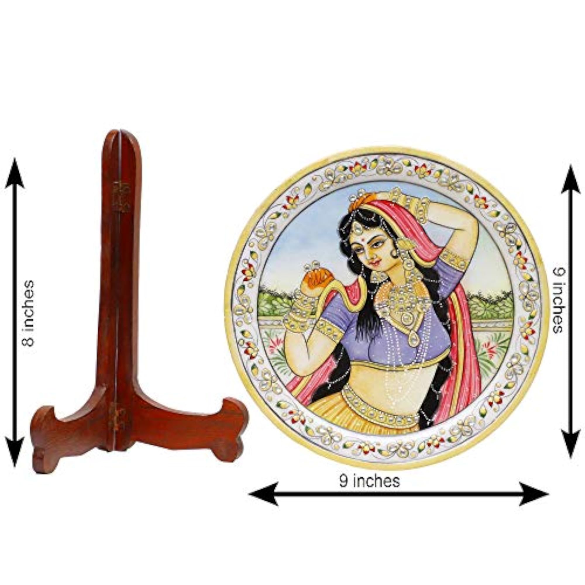 Decorative Marble Plate with Rajasthani Lady Showpiece, Multicolor
