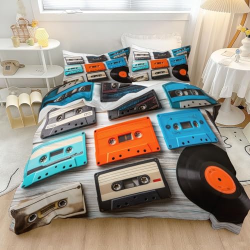 Duvet Cover Set - Super King Bed Quilt Covers 260 x 220 cm Soft Brushed Microfiber Duvet Cover Retro Music Cassette Tape Vinyl Record Reversible Bedding Set With Zipper Closure, Colorful