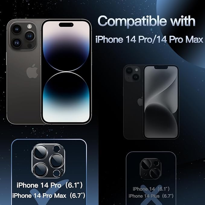 Image of Camera Lens Protector for iPhone 14 Pro 6.1-Inch & iPhone 14 Pro Max 6.7-Inch, Full Coverage 9H Tempered Glass Ring Cover, Matte Metal Plate, Case Friendly (Black)