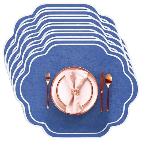 Breling Set of 6 Wedding Placemats Scalloped Embroidered Cotton Linen Placemats 17" x 13" Double Layered Machine Washable Table Place Mat for Party Table Decor