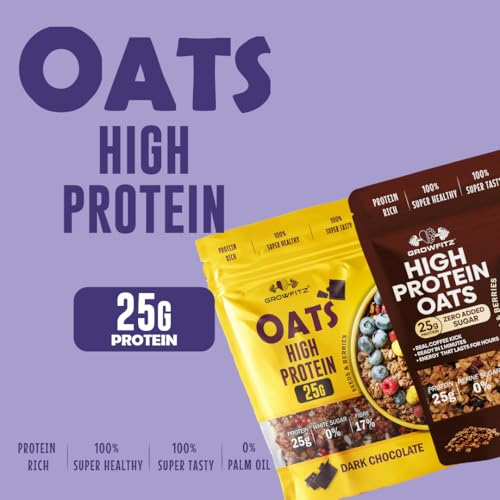Image of GrowFitz 25g High Protein Oats 800 Gram, Pack of 2 | Chocolate & Coffee Mocha Flavor Combo Breakfast Oatmeal | 17g High Fiber, Almonds, Raisin, Pumpkin, Chia Seeds, Super Rolled Oats | No Added Sugar