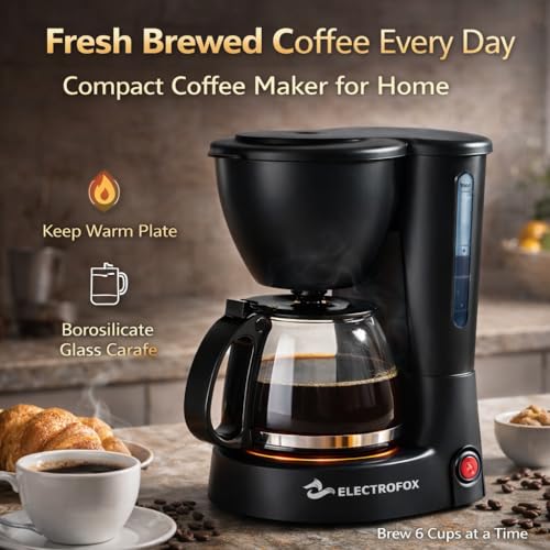 Image of Electrofox CafePrime Coffee Machine for Home | 650W | CafePrime 6 Cups at a Time | Anti-Drip System | Keep Warm Plate | Borosilicate Glass Carafe | Compact Design | 1-Year Warranty