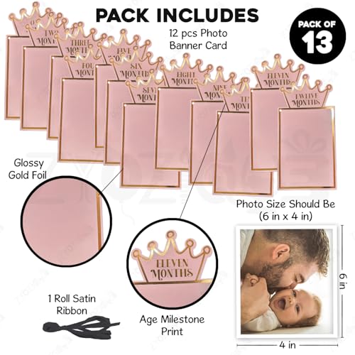 Image of Zyozique Baby Monthly Milestone Photo Paper Banner, Rose Gold Crown Design, 1-12 Months Picture Frame Garland, First Year Memory Keepsake, New Born To 1st Birthday Baby Photo Paper Banner